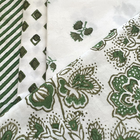 4 x block print mixed set cotton napkin green, olive & white