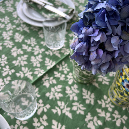 raw cotton - peony block print cotton tablecloth green