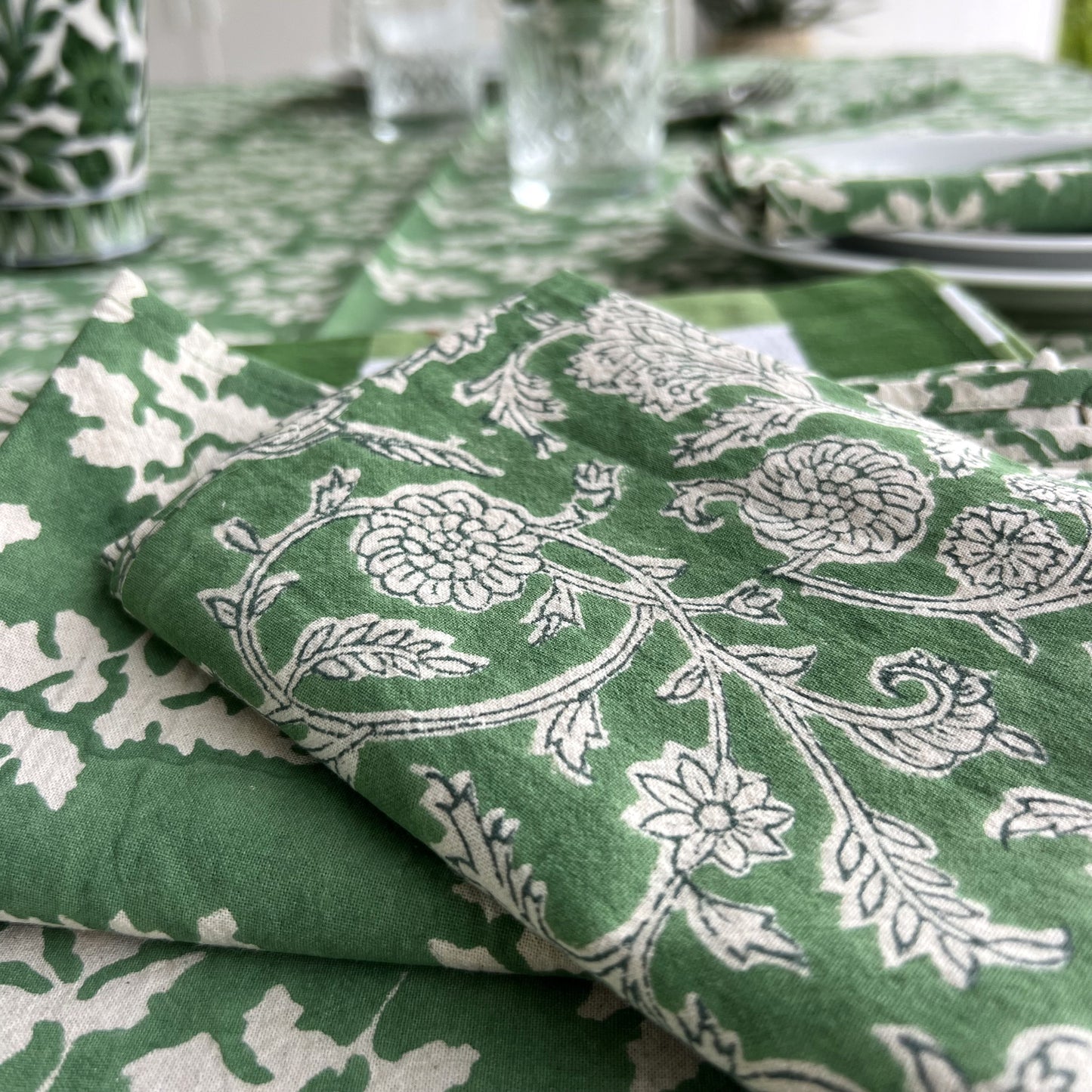 raw cotton - holly block print cotton tablecloth green