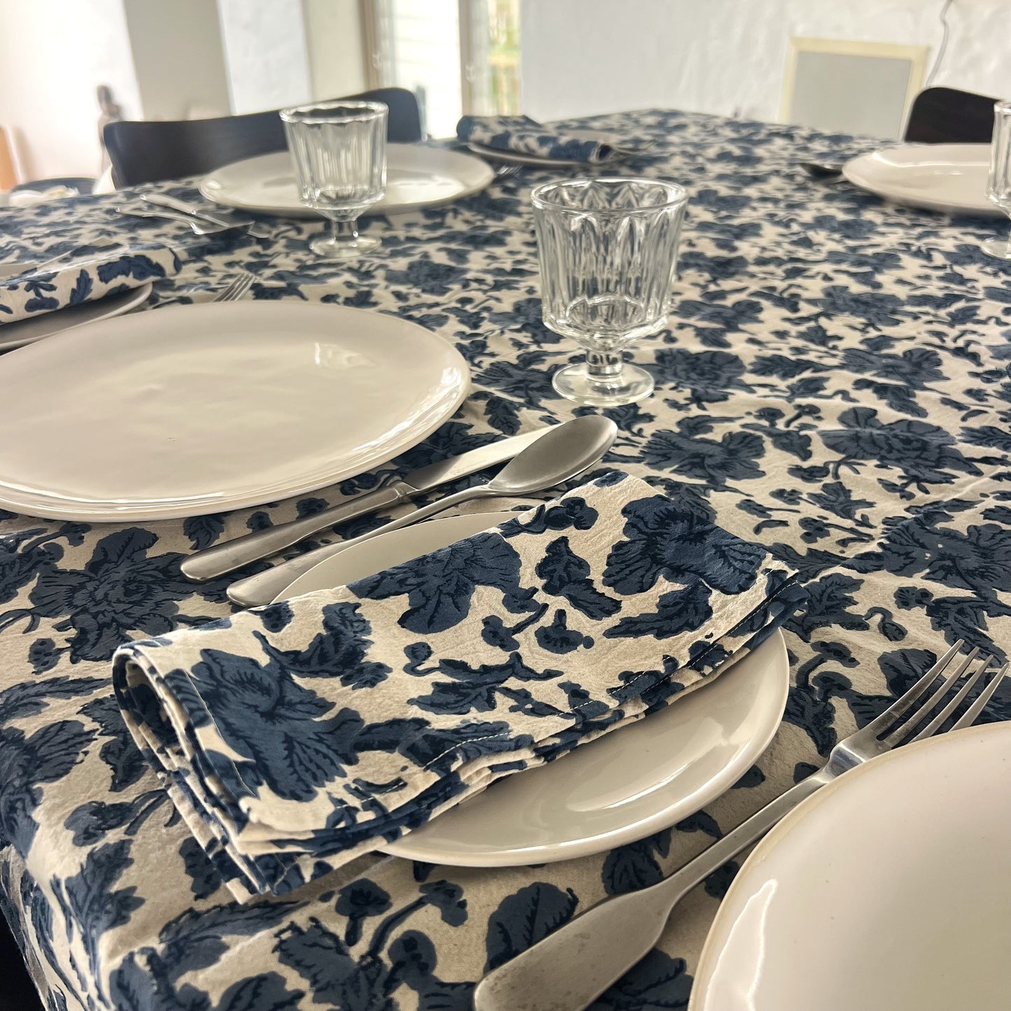 wild rose block print cotton tablecloth blue & natural