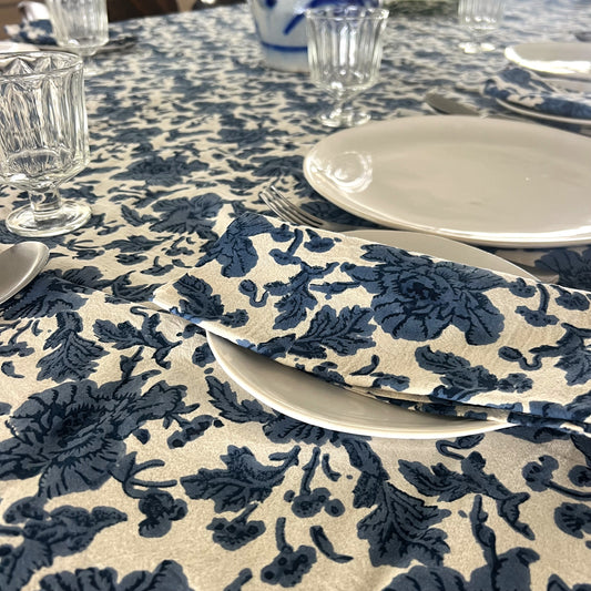 wild rose block print cotton tablecloth blue & natural