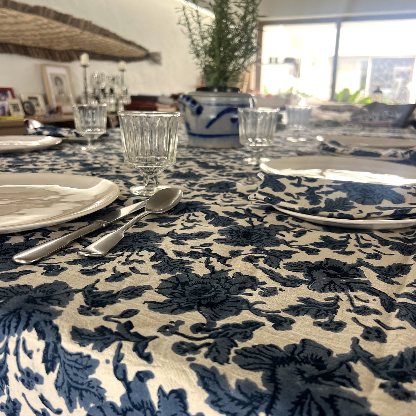 wild rose block print cotton tablecloth blue & natural