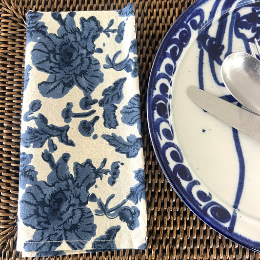 4 x block print wild rose cotton napkin blue and natural