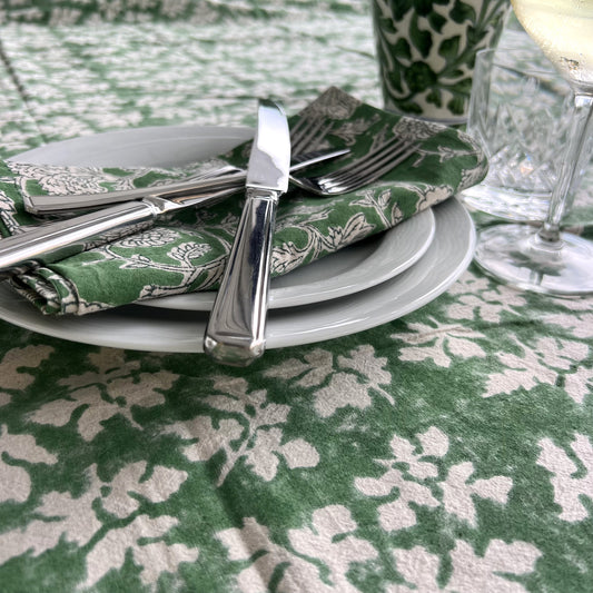 round peony block print cotton tablecloth green