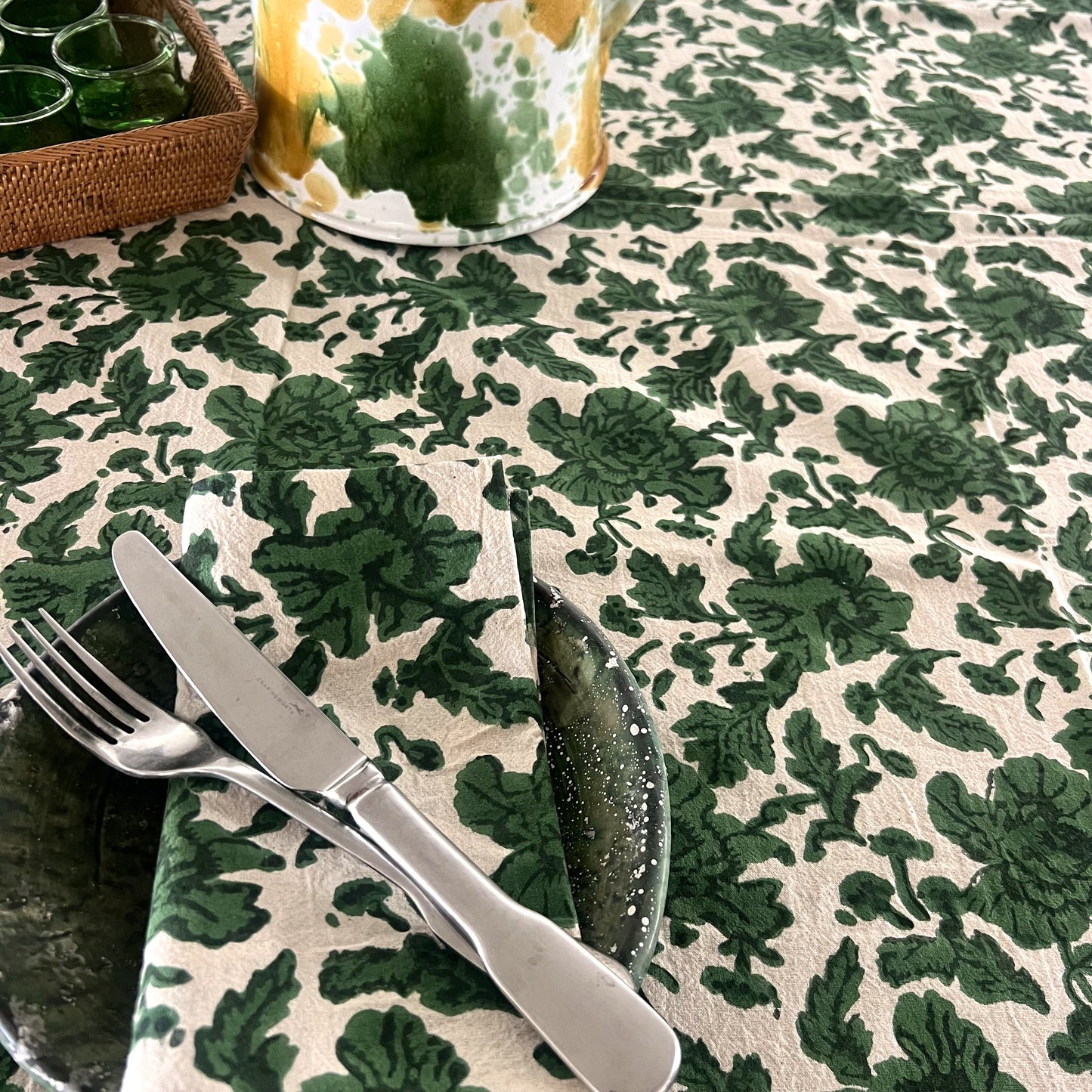 wild rose block print cotton tablecloth green & natural