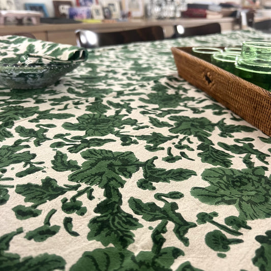 wild rose block print cotton tablecloth green & natural