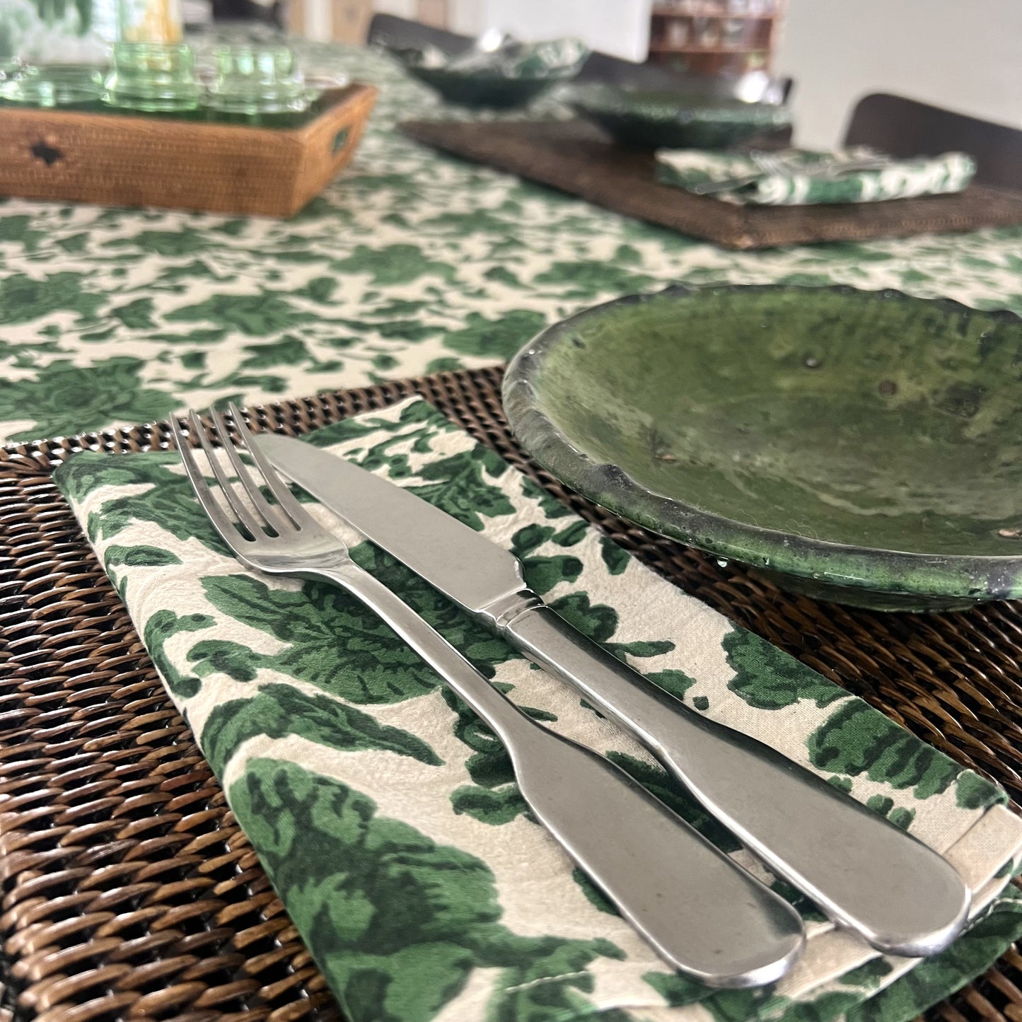 wild rose block print cotton tablecloth green & natural