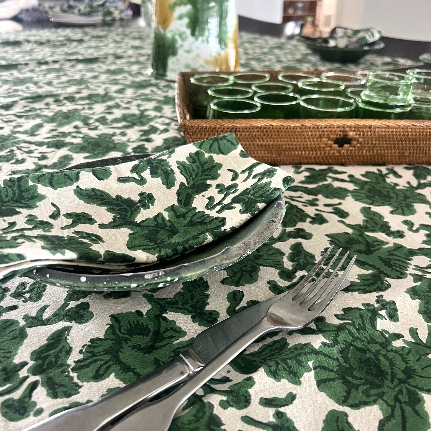 wild rose block print cotton tablecloth green & natural