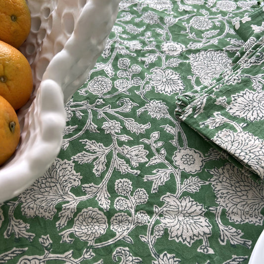 raw cotton - holly block print cotton tablecloth green