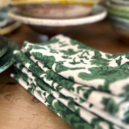 4 x block print wild rose cotton napkin green and natural