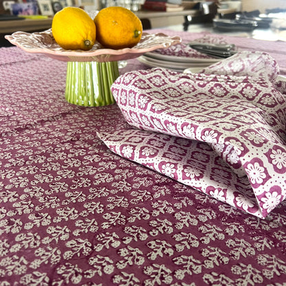 daisy block print cotton tablecloth plum and white