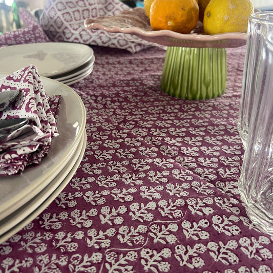 daisy block print cotton tablecloth plum and white