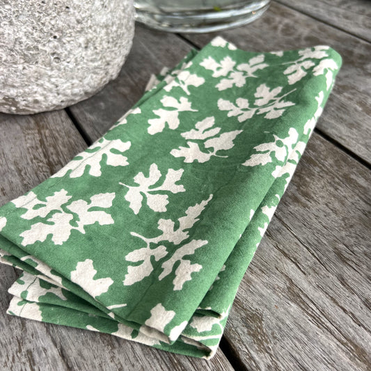 4 x block print peony cotton napkin green