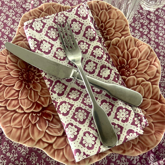 4 x  clover block print cotton napkin plum and white