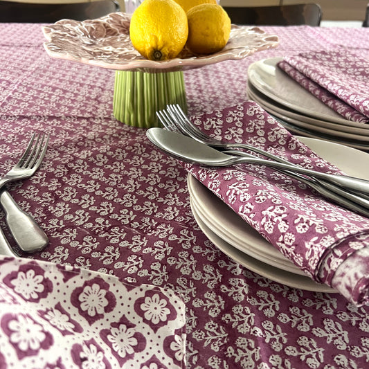 4 x  daisy block print cotton napkin plum and white