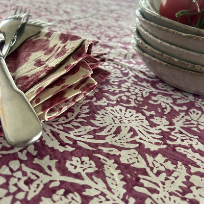 leaf  block print cotton tablecloth plum and white