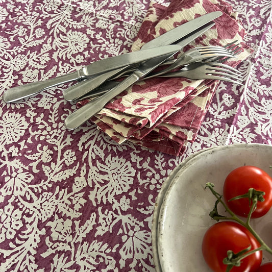 leaf  block print cotton tablecloth plum and white
