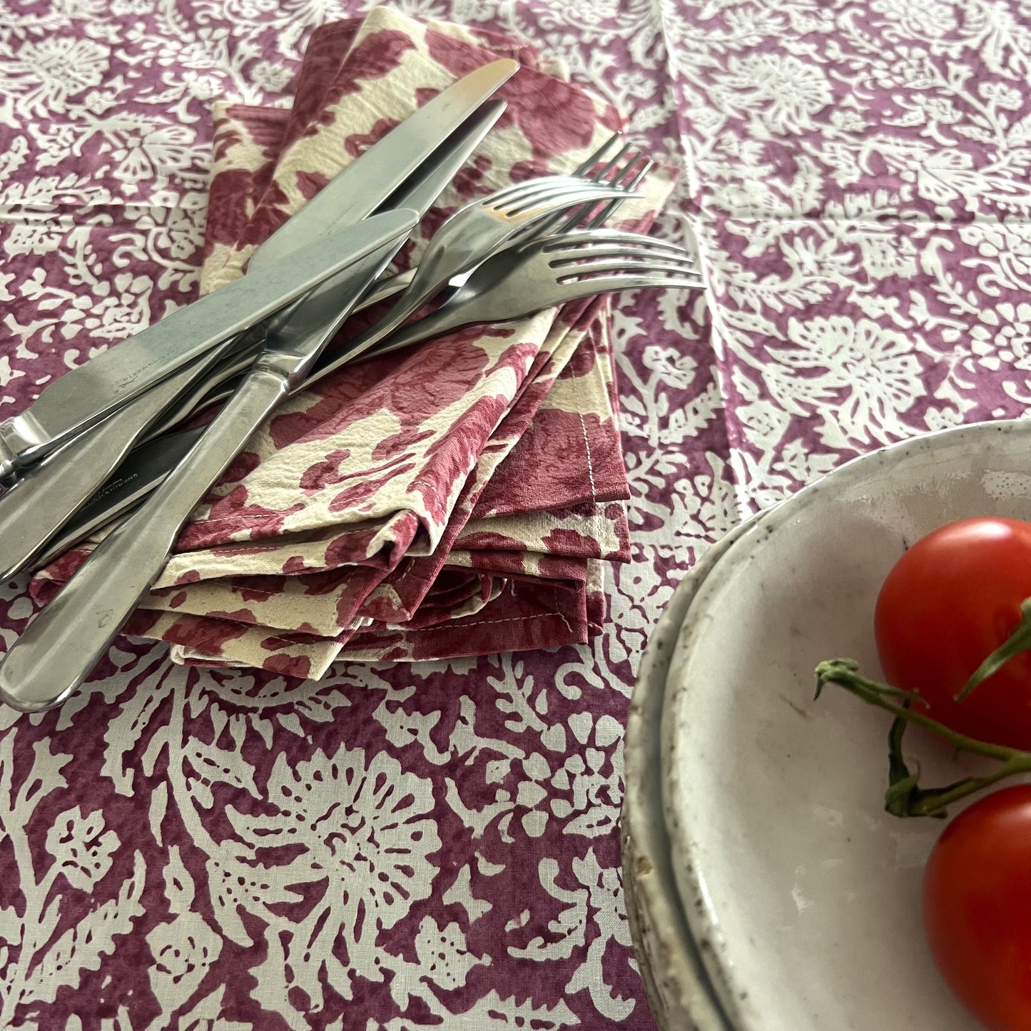 leaf  block print cotton tablecloth plum and white