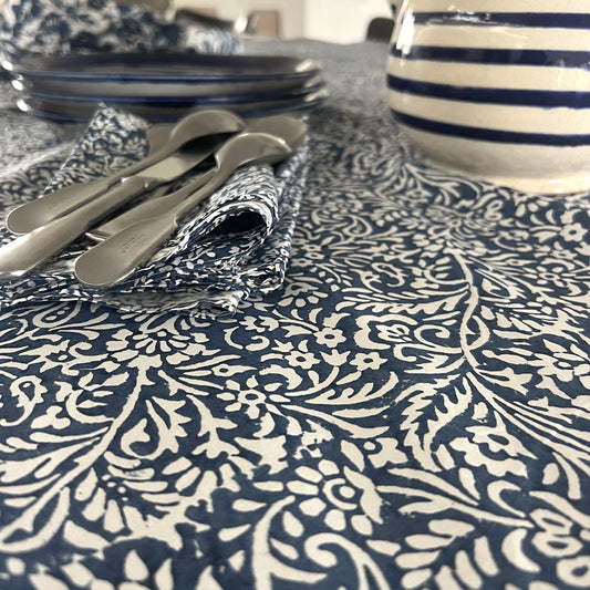 leaf block print cotton tablecloth blue and white