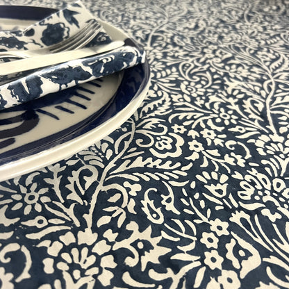 leaf block print cotton tablecloth blue and white