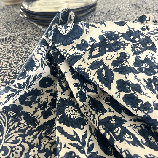 4 x  vintage floral block print cotton napkin blue and white