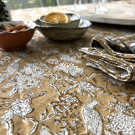 raw cotton -peacock block print cotton tablecloth coffee