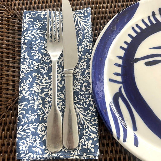 4 x  vine block print cotton napkin blue and white