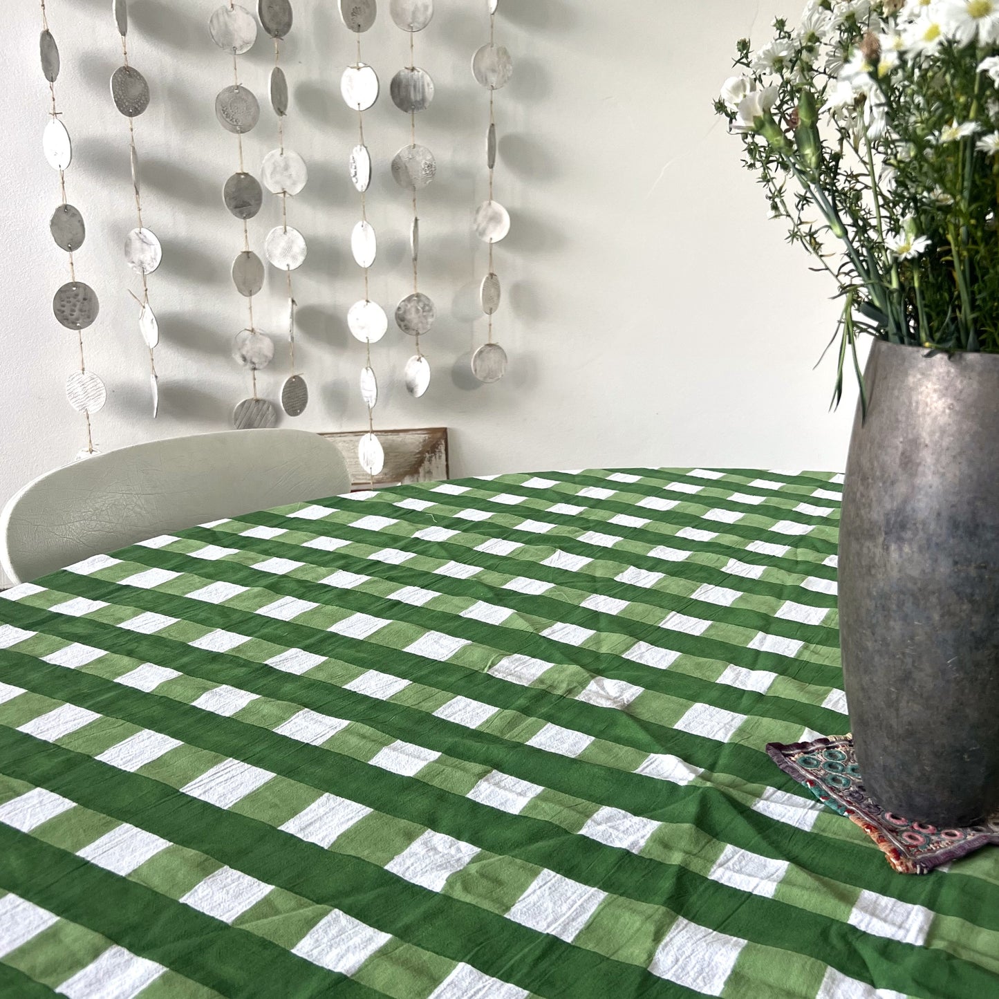 round check block print cotton tablecloth green