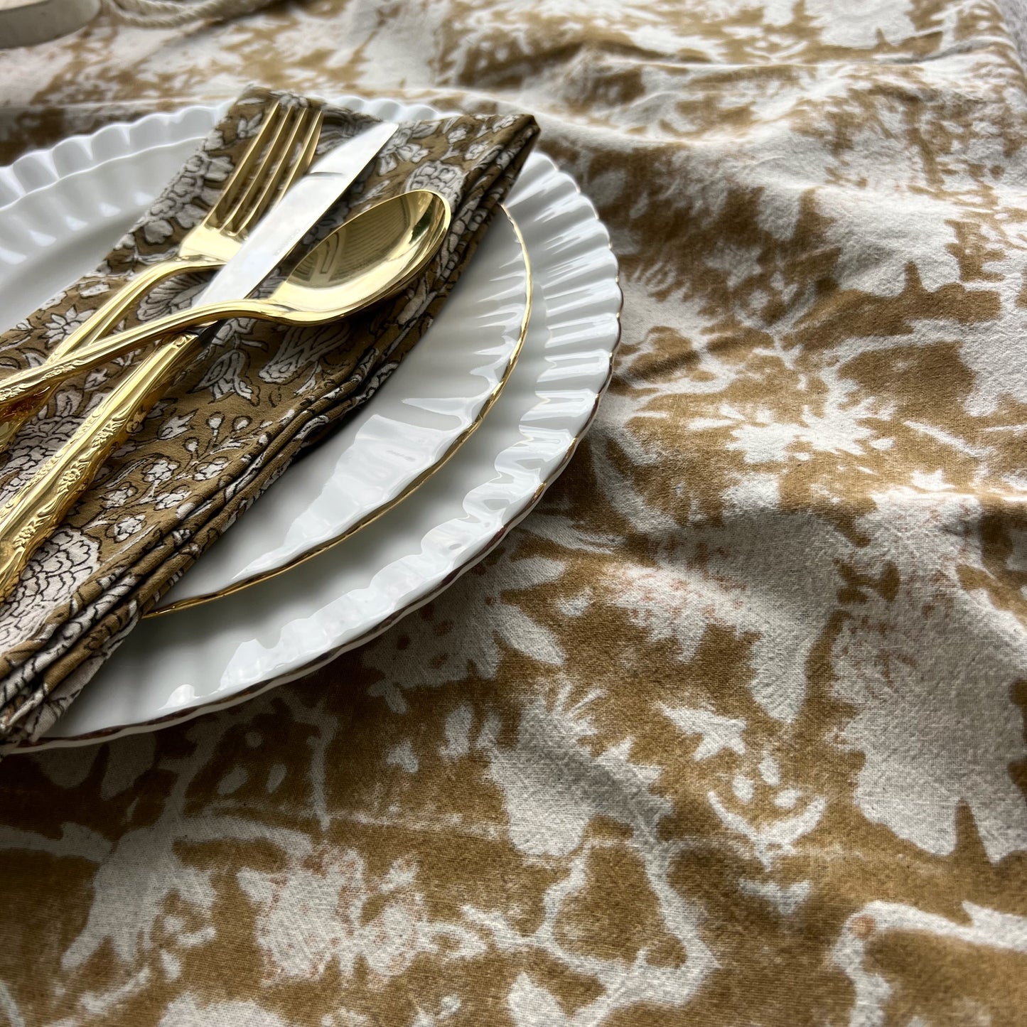 raw cotton -peacock block print cotton tablecloth coffee