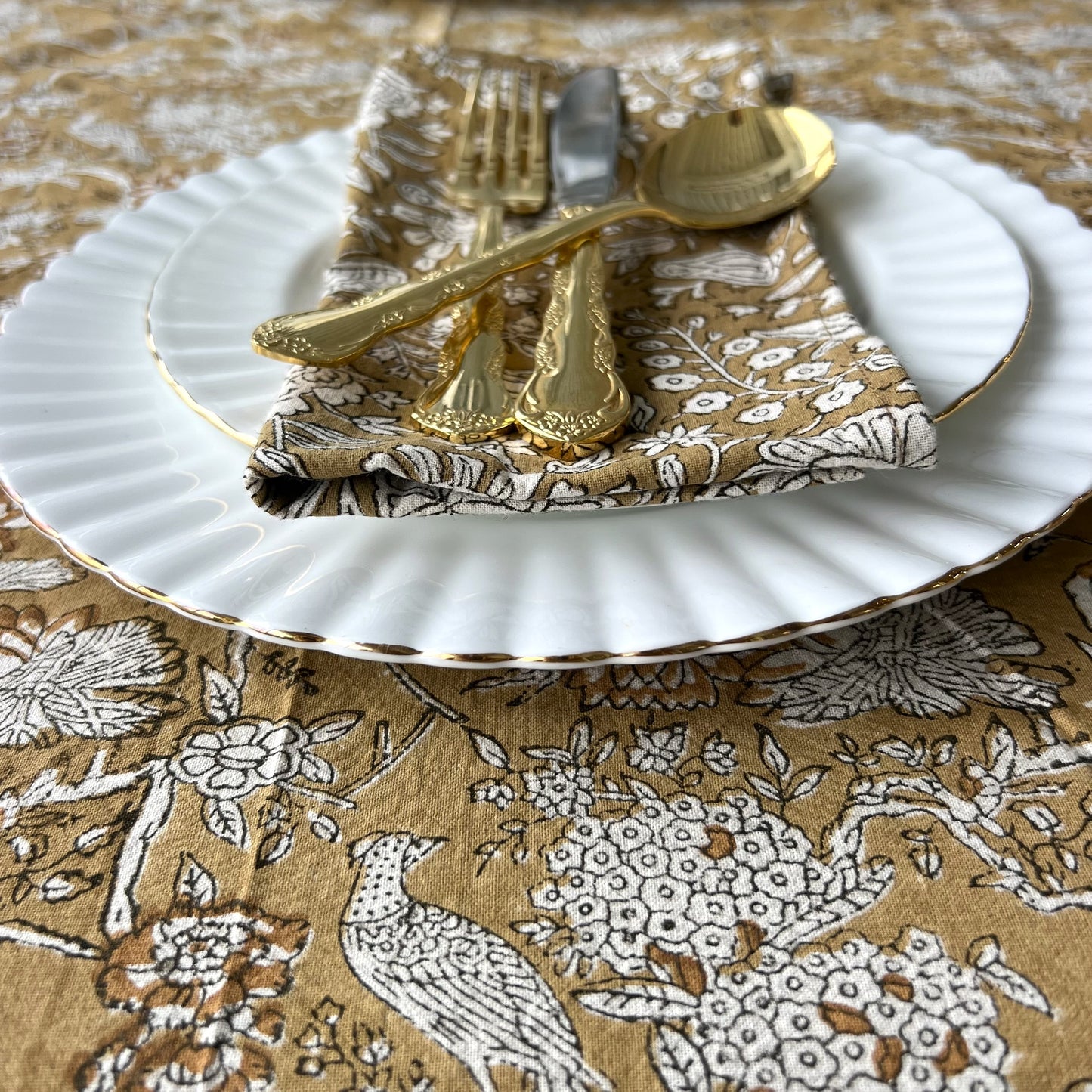 raw cotton -peacock block print cotton tablecloth coffee