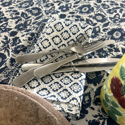 vintage floral block print cotton tablecloth blue and white