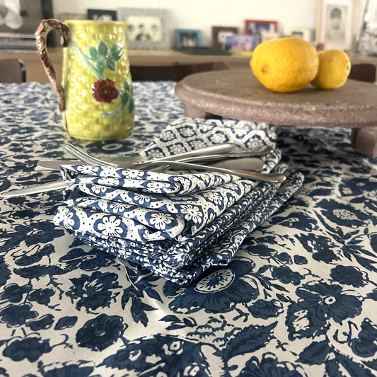 vintage floral block print cotton tablecloth blue and white