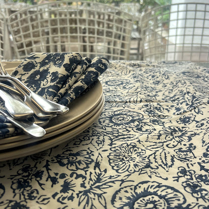 vintage open floral block print cotton tablecloth blue and white