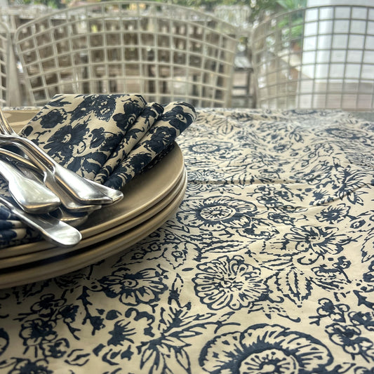 vintage open floral block print cotton tablecloth blue and white