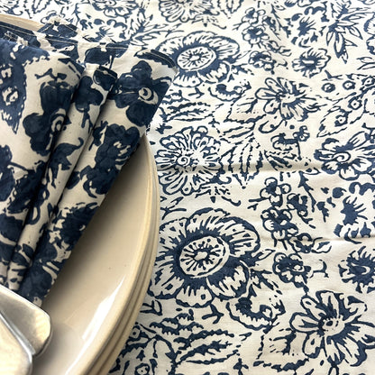 vintage open floral block print cotton tablecloth blue and white