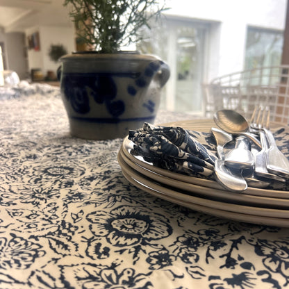 vintage open floral block print cotton tablecloth blue and white