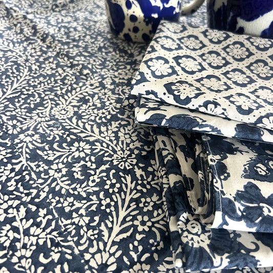 vine block print cotton tablecloth blue and white