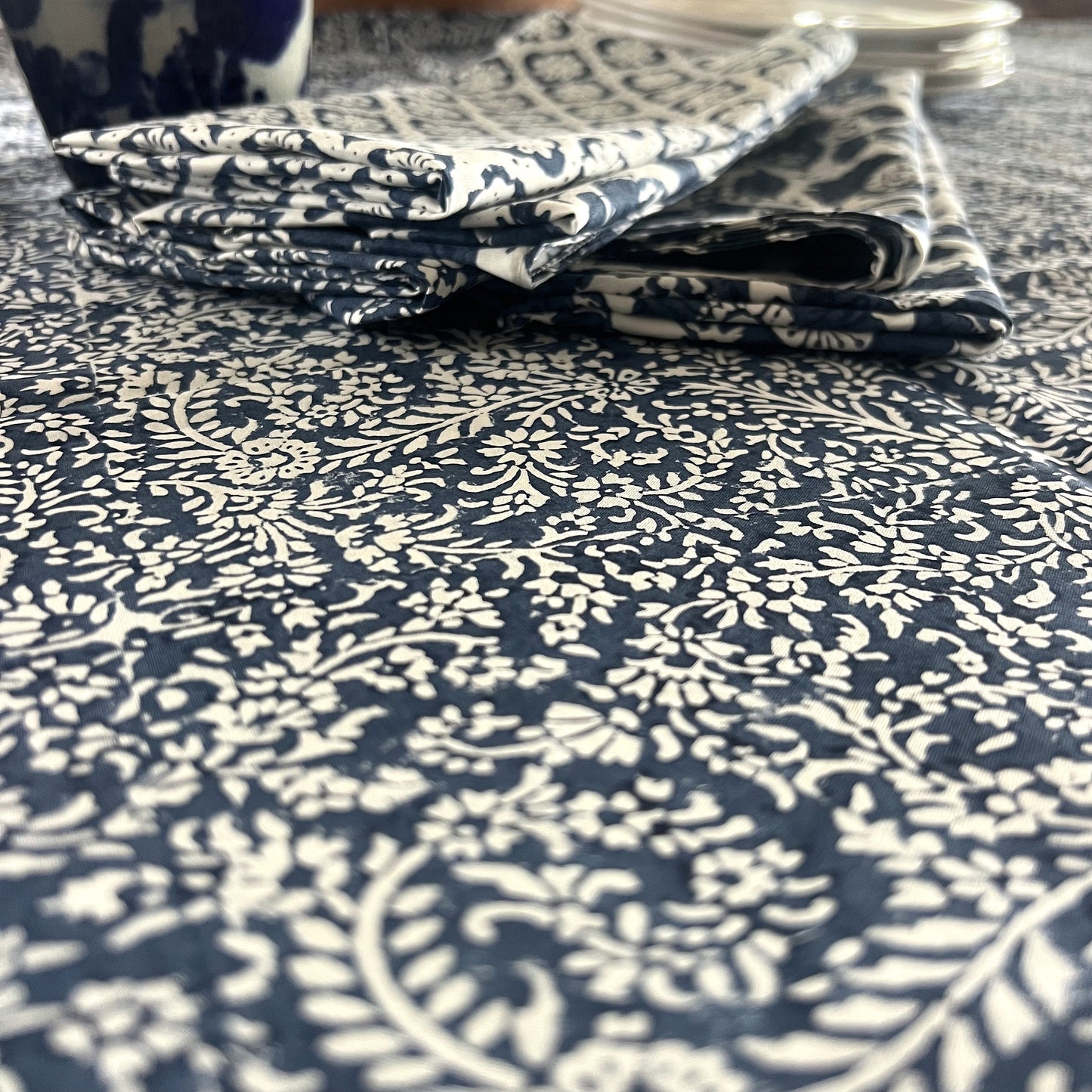 vine block print cotton tablecloth blue and white