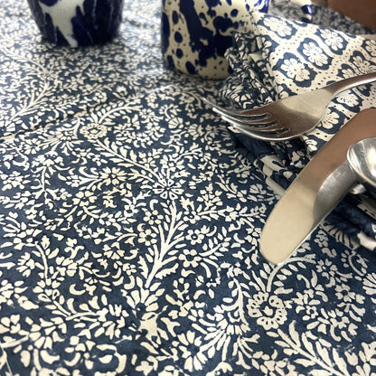 vine block print cotton tablecloth blue and white
