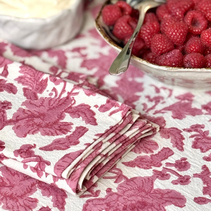 round wild rose block print cotton tablecloth pink and natural