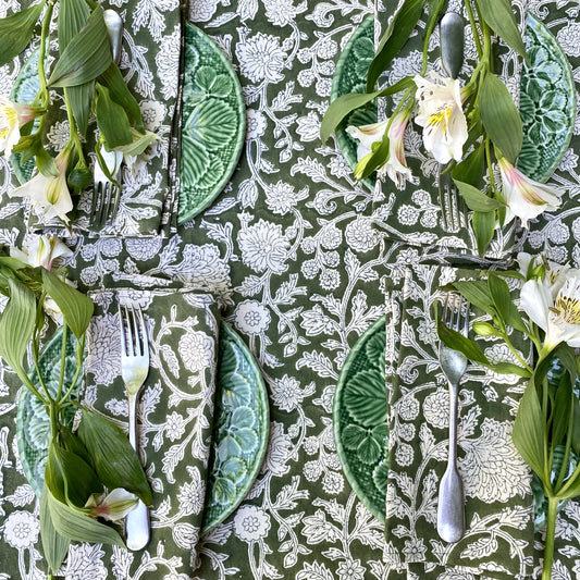 dahlia block print cotton tablecloth forest green