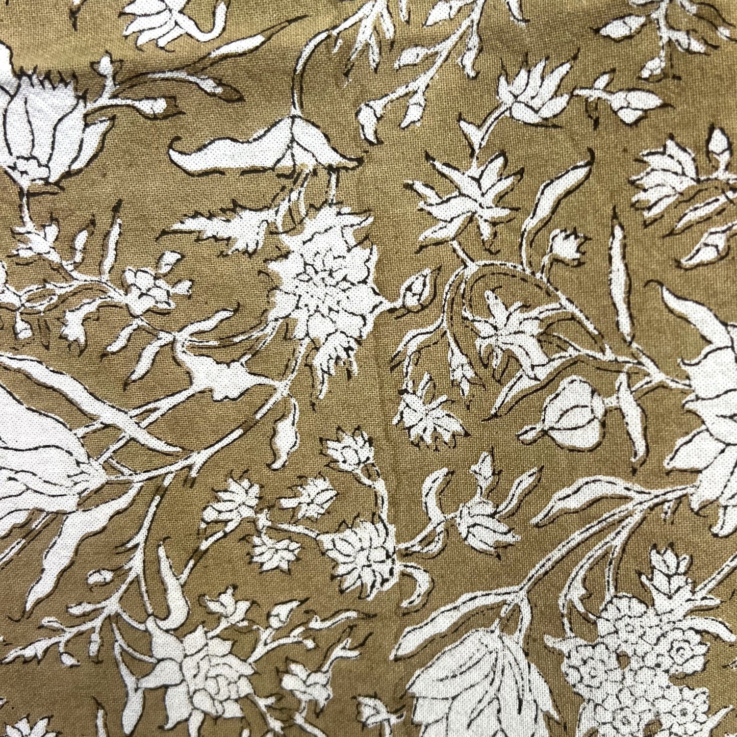 round wild iris block print cotton tablecloth coffee and natural