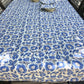vintage floral print cotton tablecloth steel blue, choc and white