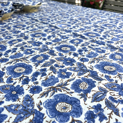 vintage floral print cotton tablecloth steel blue, choc and white