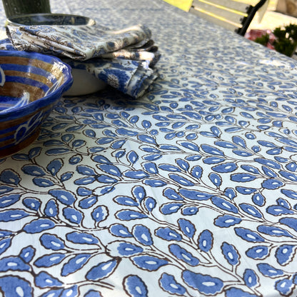 elm cotton tablecloth steel blue, choc and white