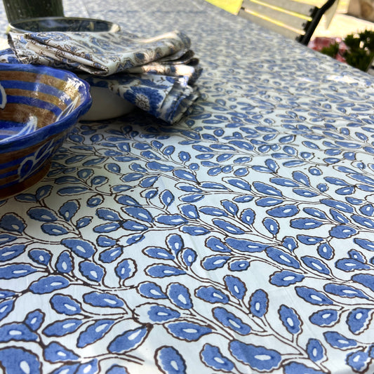 elm cotton tablecloth steel blue, choc and white