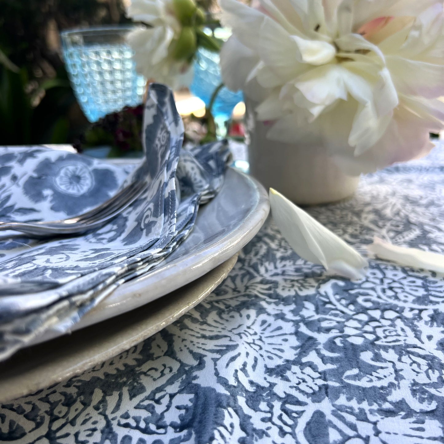 leaf block cotton tablecloth blue and white