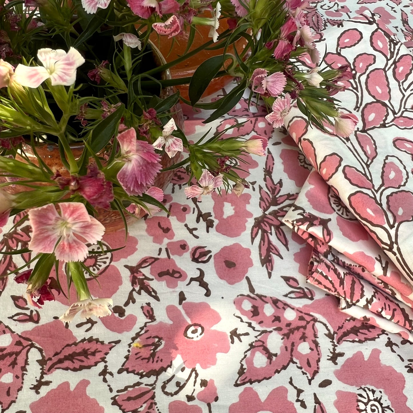 vintage floral cotton tablecloth salmon, choc and white