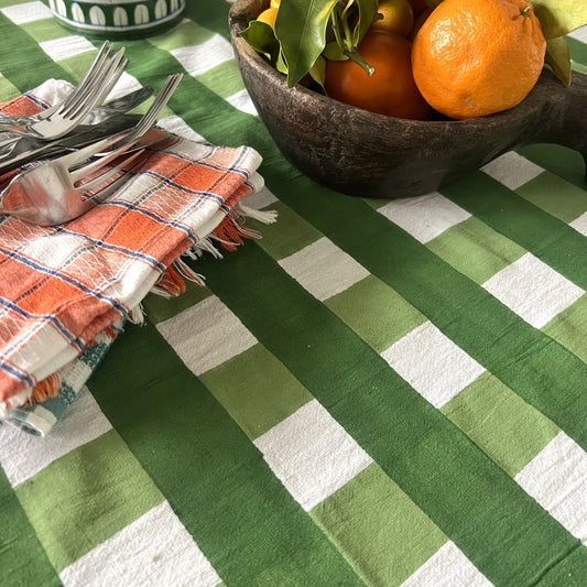 round check block print cotton tablecloth green