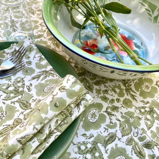 vintage floral cotton tablecloth olive and white
